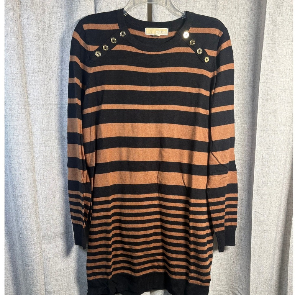 Michael Kors Women Black Brown Striped Button Shoulder Tunic Sweater L